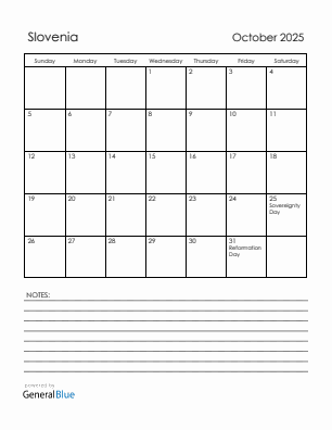 Current month calendar with Slovenia holidays for October 2025