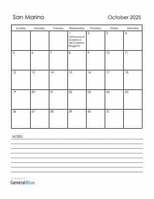 Current month calendar with San Marino holidays for October 2025