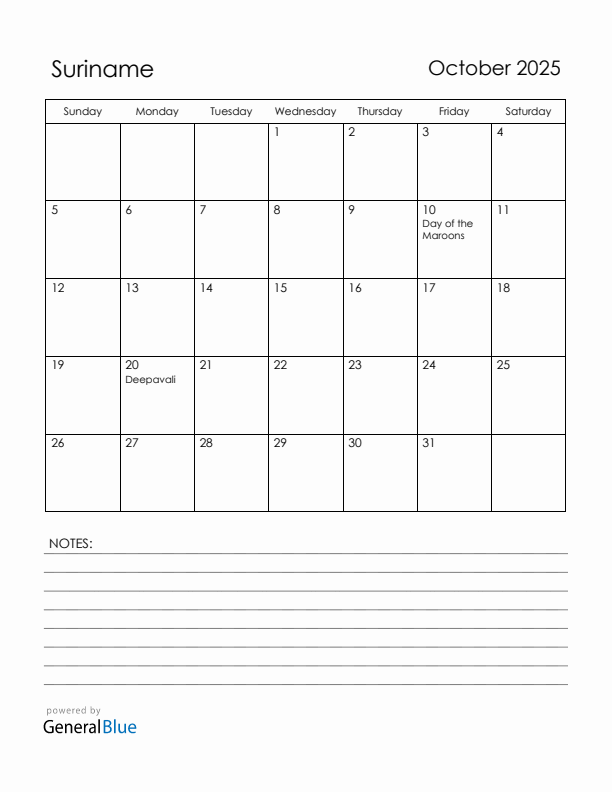 October 2025 Suriname Calendar with Holidays (Sunday Start)