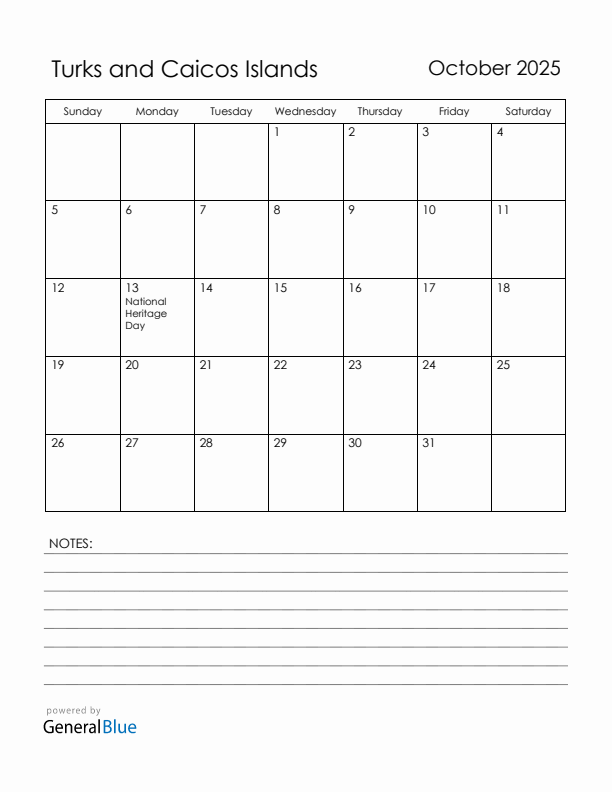 October 2025 Turks and Caicos Islands Calendar with Holidays (Sunday Start)