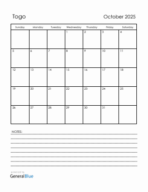 Current month calendar with Togo holidays for October 2025