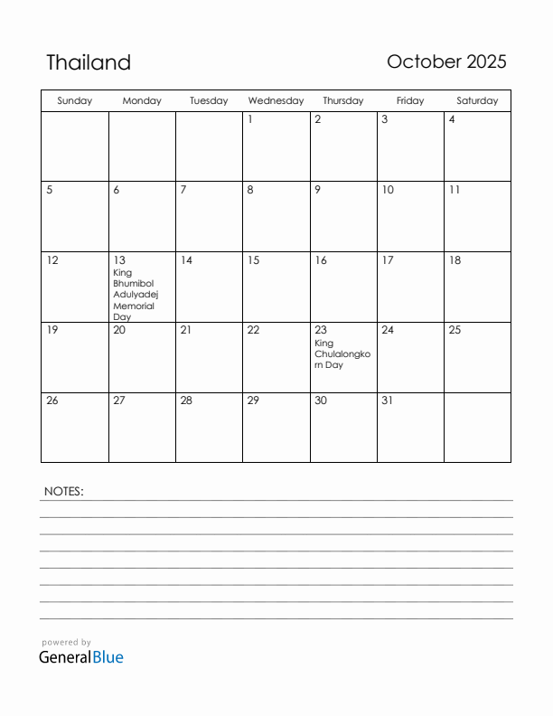 October 2025 Thailand Calendar with Holidays (Sunday Start)