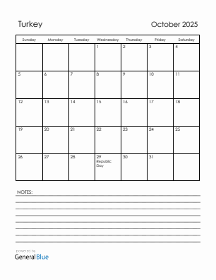 Current month calendar with Turkey holidays for October 2025