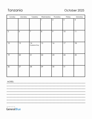 Current month calendar with Tanzania holidays for October 2025
