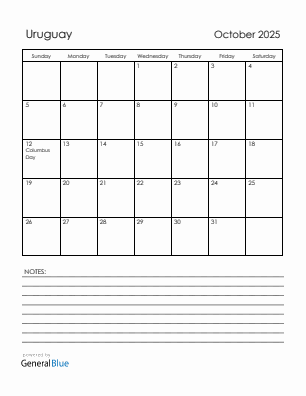 Current month calendar with Uruguay holidays for October 2025