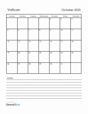 Current month calendar with Vatican holidays for October 2025