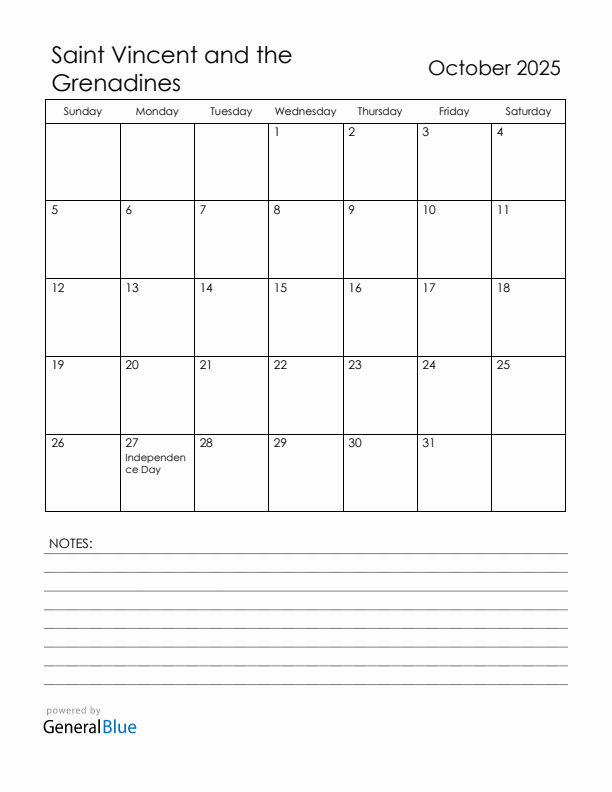 October 2025 Saint Vincent and the Grenadines Calendar with Holidays (Sunday Start)