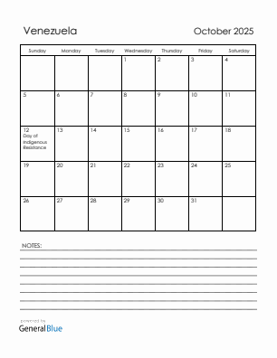 Current month calendar with Venezuela holidays for October 2025