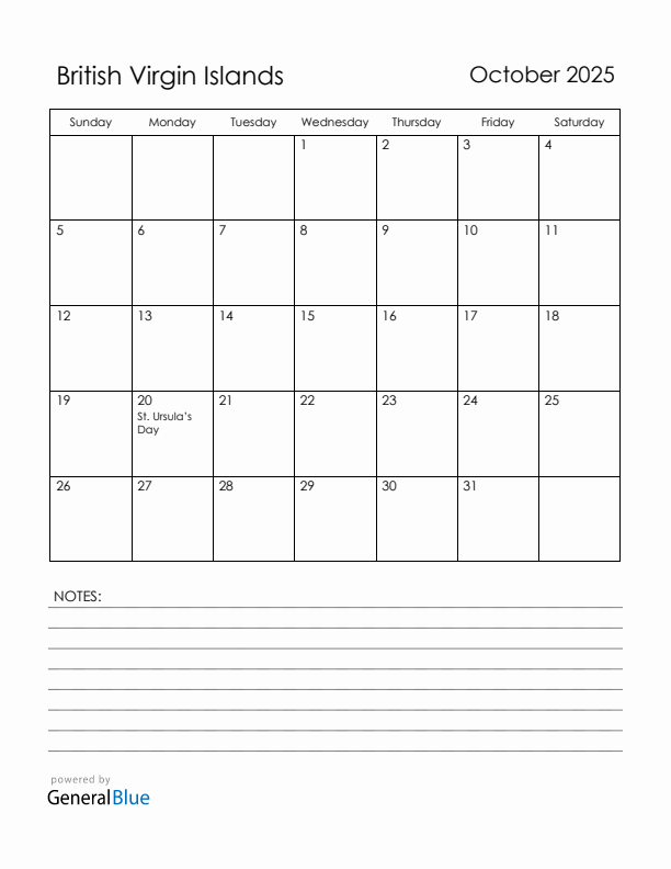 October 2025 British Virgin Islands Calendar with Holidays (Sunday Start)