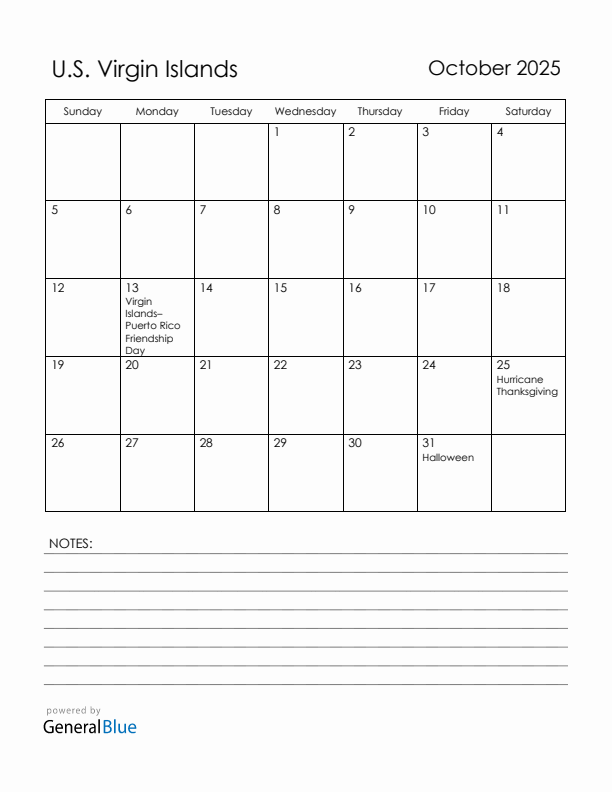 October 2025 U.S. Virgin Islands Calendar with Holidays (Sunday Start)