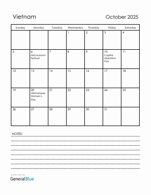 Current month calendar with Vietnam holidays for October 2025