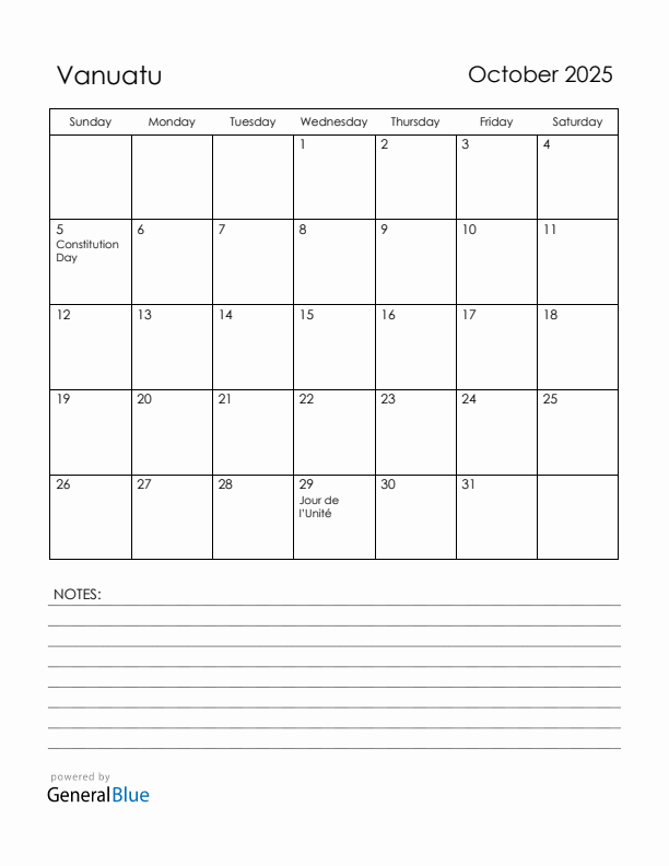 October 2025 Vanuatu Calendar with Holidays (Sunday Start)