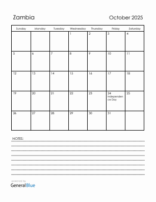 Current month calendar with Zambia holidays for October 2025