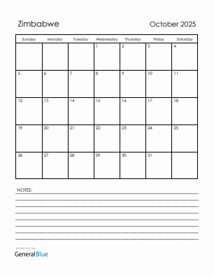 Current month calendar with Zimbabwe holidays for October 2025