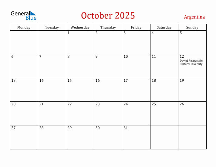 Argentina October 2025 Calendar - Monday Start