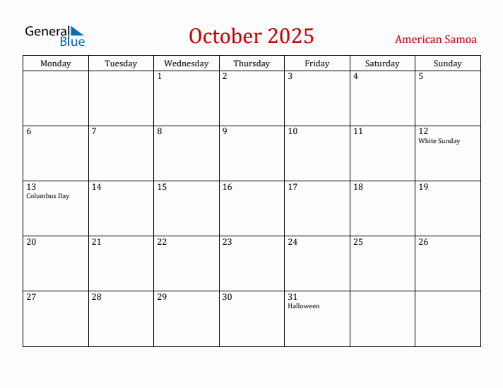 American Samoa October 2025 Calendar - Monday Start