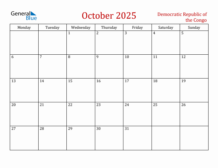 Democratic Republic of the Congo October 2025 Calendar - Monday Start