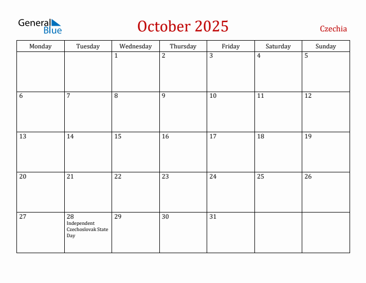 Czechia October 2025 Calendar - Monday Start