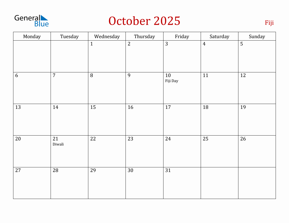 October 2025 Fiji Monthly Calendar with Holidays (Monday Start)