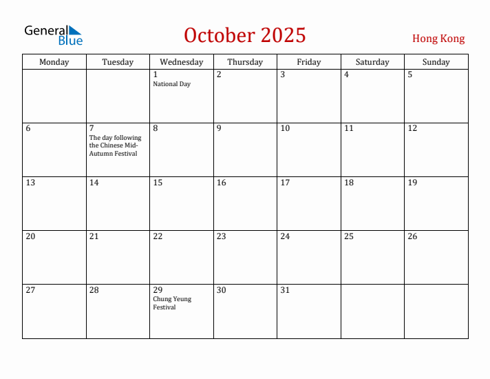 Hong Kong October 2025 Calendar - Monday Start