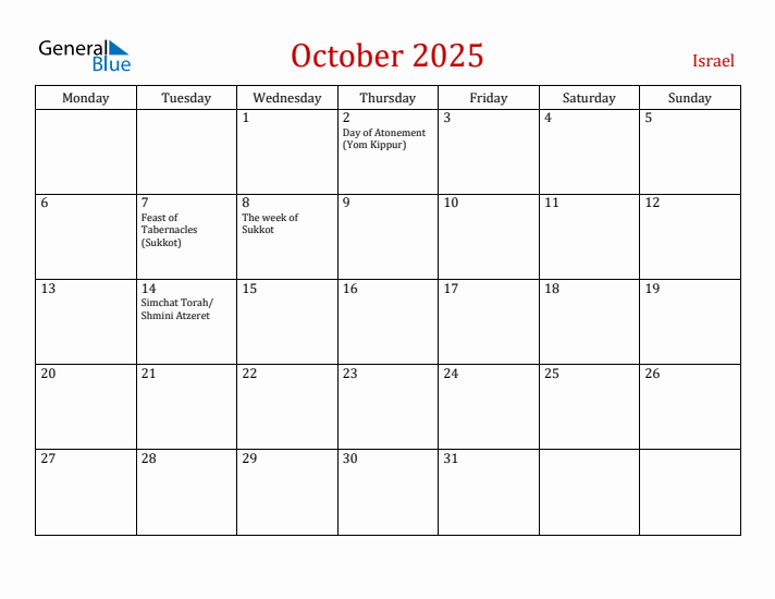 Israel October 2025 Calendar - Monday Start