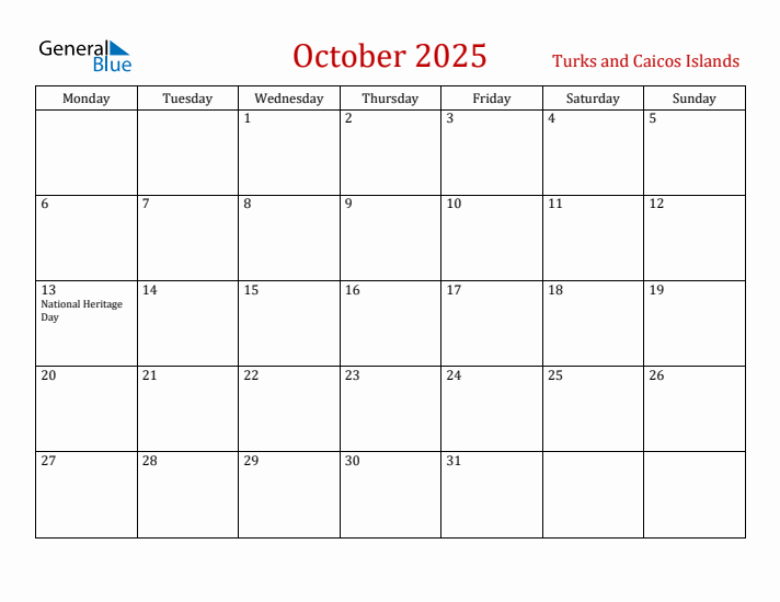 Turks and Caicos Islands October 2025 Calendar - Monday Start