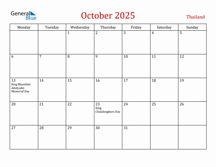 Thailand October 2025 Calendar - Monday Start
