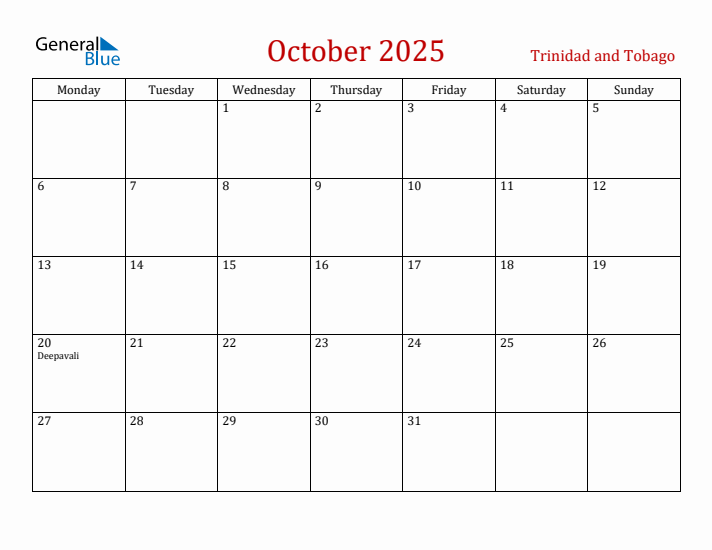 Trinidad and Tobago October 2025 Calendar - Monday Start