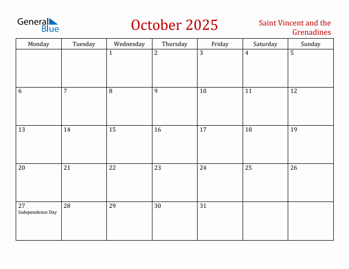 Saint Vincent and the Grenadines October 2025 Calendar - Monday Start