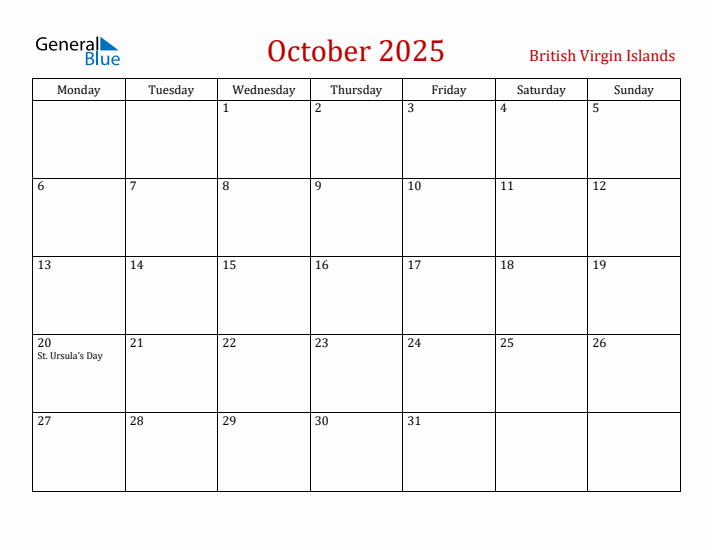 British Virgin Islands October 2025 Calendar - Monday Start
