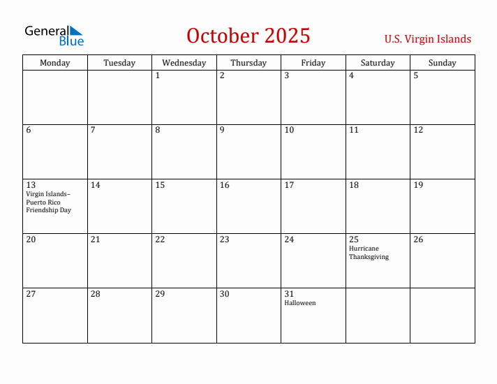 U.S. Virgin Islands October 2025 Calendar - Monday Start