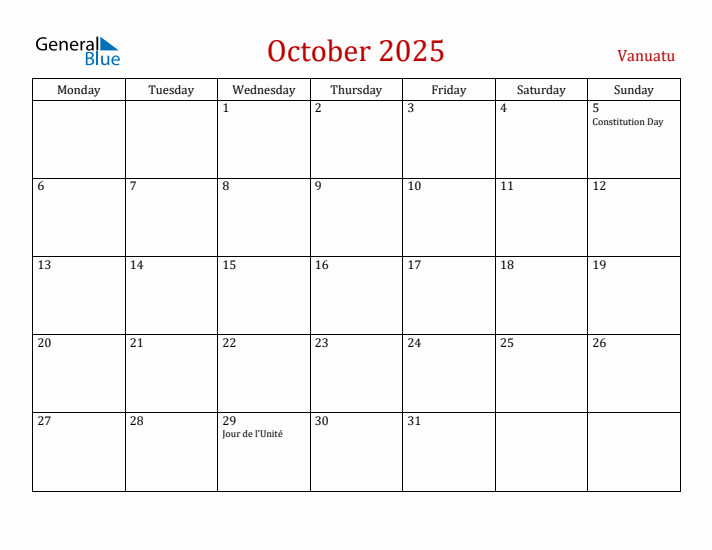 Vanuatu October 2025 Calendar - Monday Start