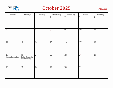 Current month calendar with Albania holidays for October 2025