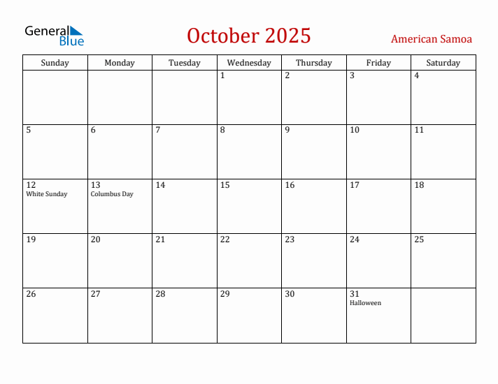 American Samoa October 2025 Calendar - Sunday Start