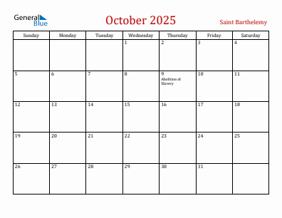 Current month calendar with Saint Barthelemy holidays for October 2025