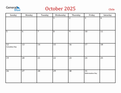 Current month calendar with Chile holidays for October 2025