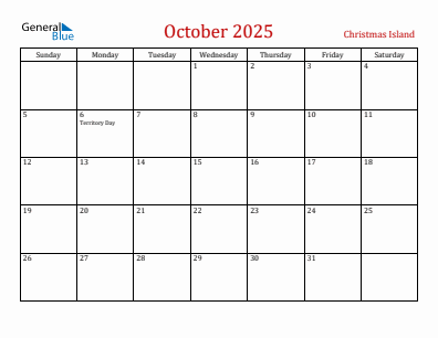 Current month calendar with Christmas Island holidays for October 2025