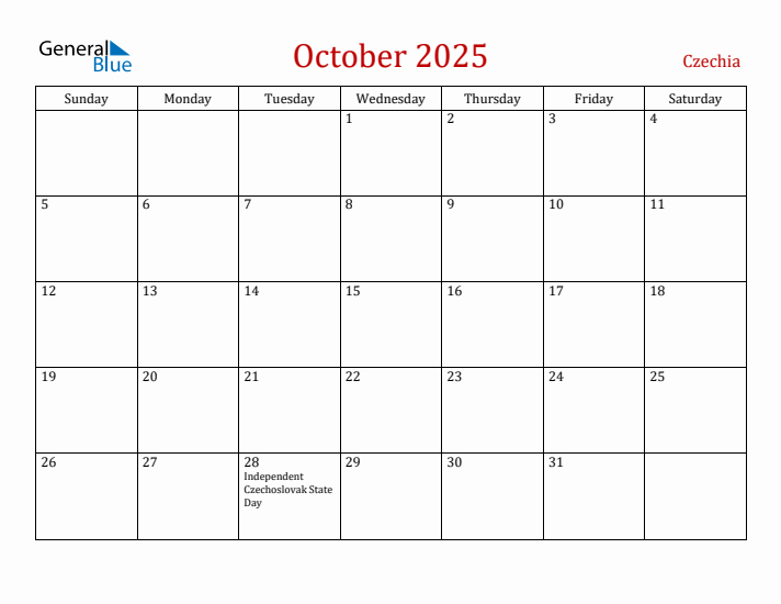 Czechia October 2025 Calendar - Sunday Start