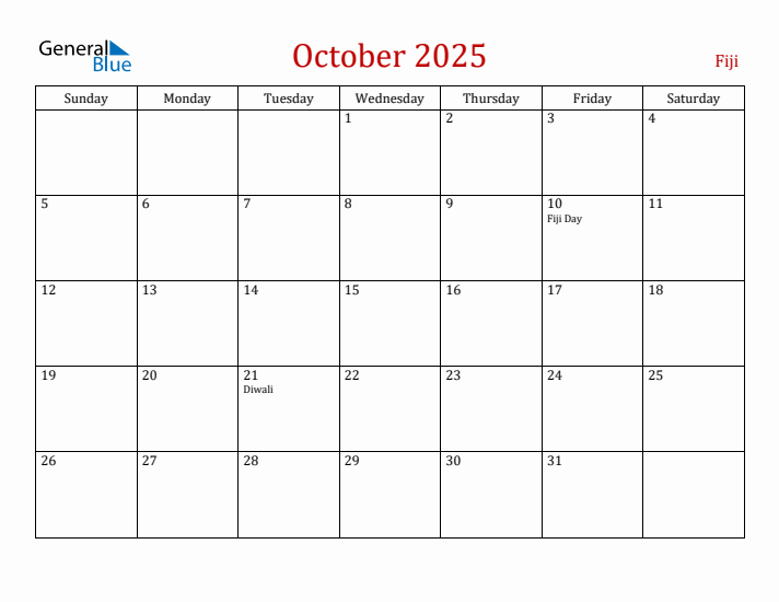 Fiji October 2025 Calendar - Sunday Start