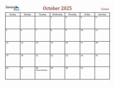 Current month calendar with Greece holidays for October 2025