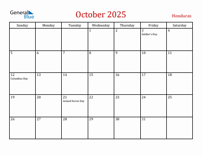 Current month calendar with Honduras holidays for October 2025