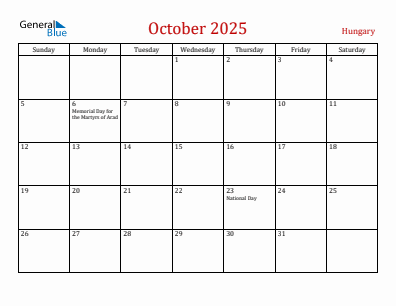 Current month calendar with Hungary holidays for October 2025