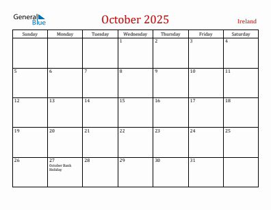 Current month calendar with Ireland holidays for October 2025