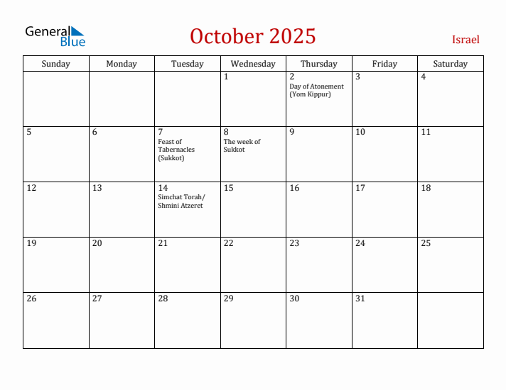 Israel October 2025 Calendar - Sunday Start
