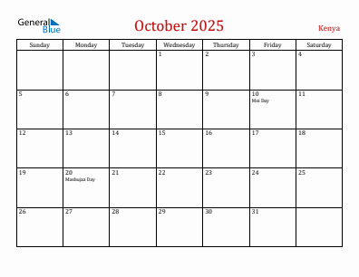 Current month calendar with Kenya holidays for October 2025