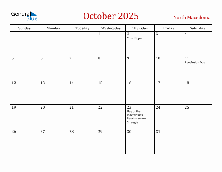 North Macedonia October 2025 Calendar - Sunday Start