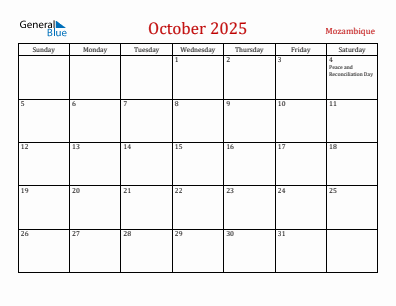 Current month calendar with Mozambique holidays for October 2025