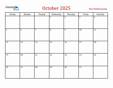 Current month calendar with The Netherlands holidays for October 2025