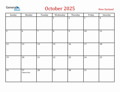 Current month calendar with New Zealand holidays for October 2025