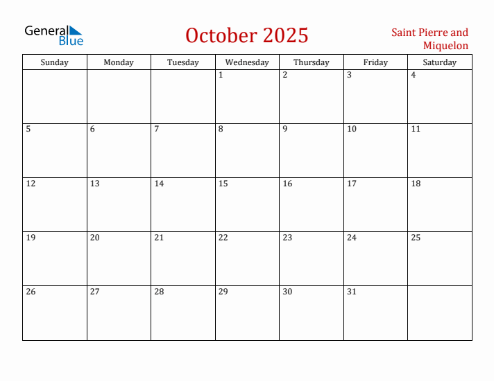 Saint Pierre and Miquelon October 2025 Calendar - Sunday Start